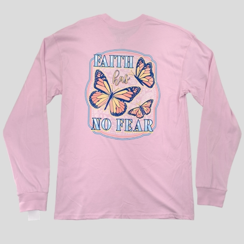 Benny & Belle Womens Pink Long Sleeve Shirt 'Faith Has No Fear' Graphic - Medium